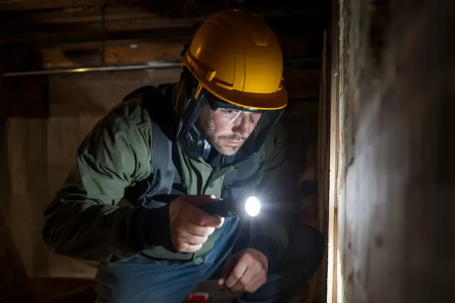 pest control specialist performing a spring termite inspection in a new jersey home