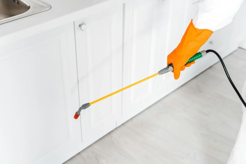 cropped view of exterminator in uniform standing with toxic spray in kitchen